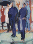 Ecke Pempelforter 5, wartende Menschen an einer Kreuzung, gemalt mit Ölfarben